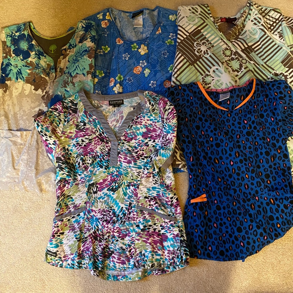 Scrub tops. Bottom left scrub top a small but fits more like an extra small